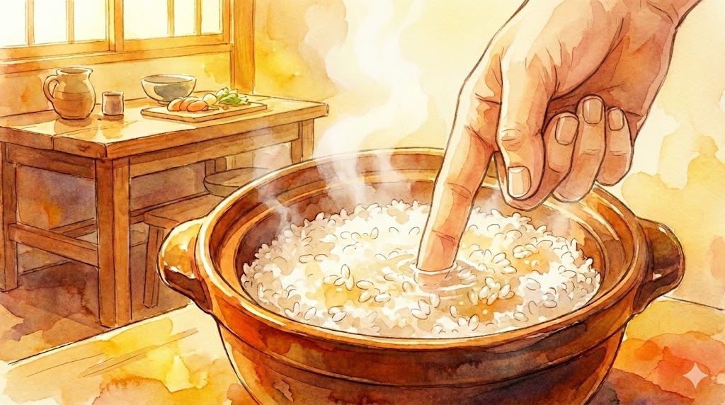 計量器がない時に米の水の量を指で測る目安