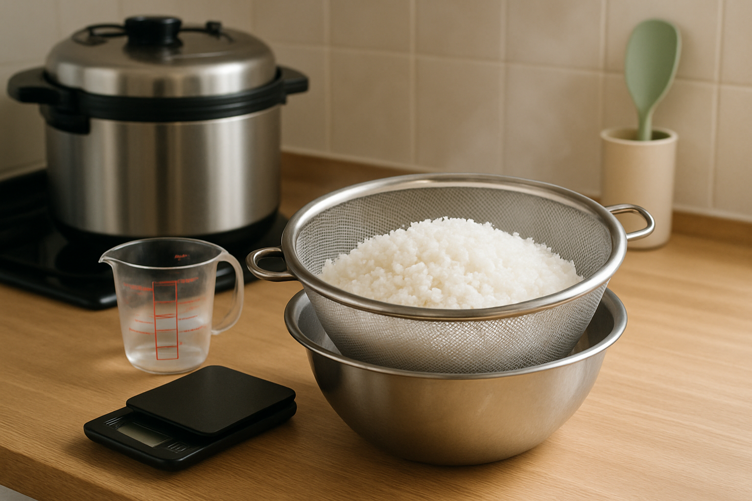 洗米と計量の準備が整ったキッチンの静物