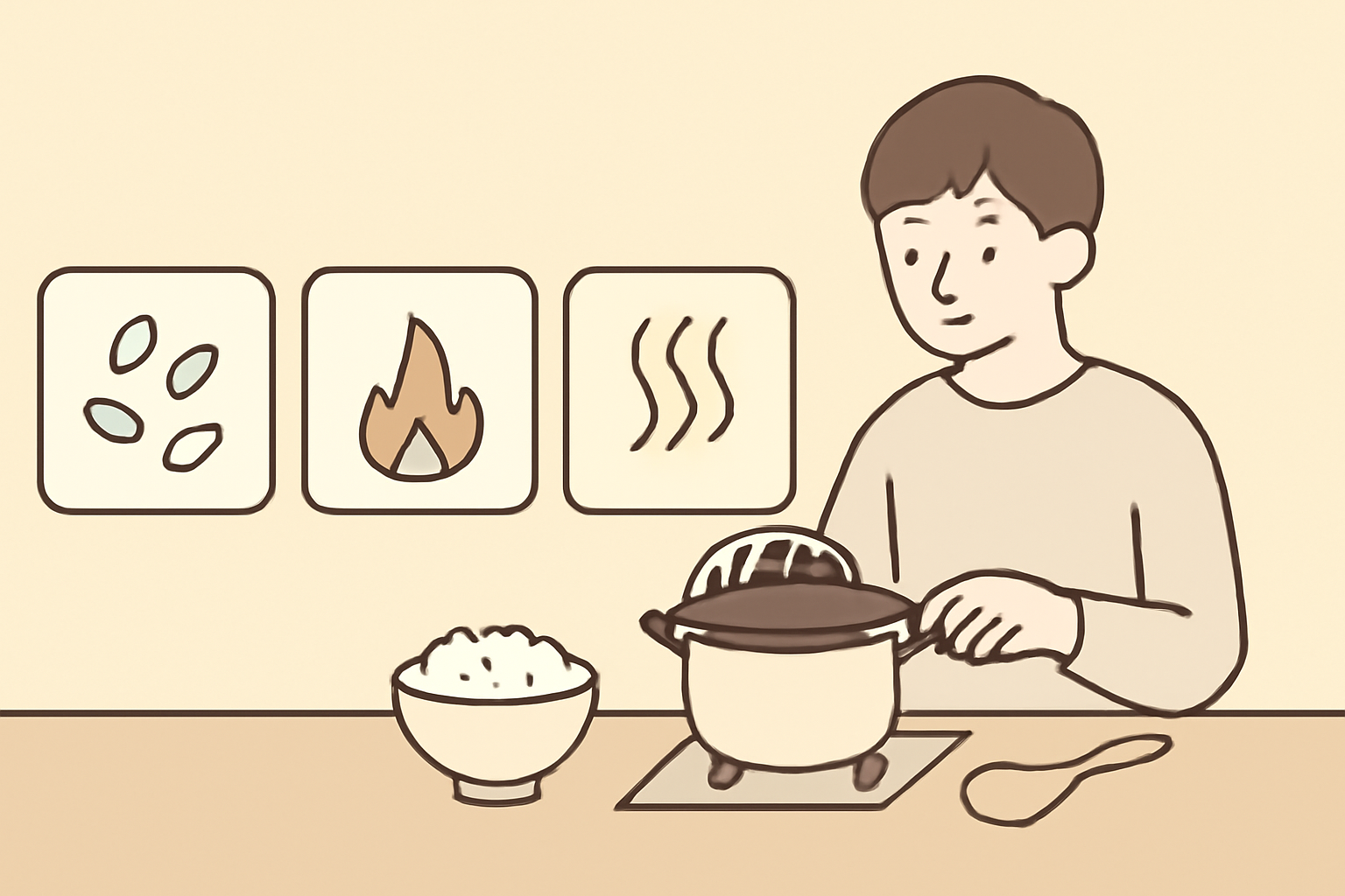 吸水・加熱・蒸らしを示す3つのアイコン風イラスト