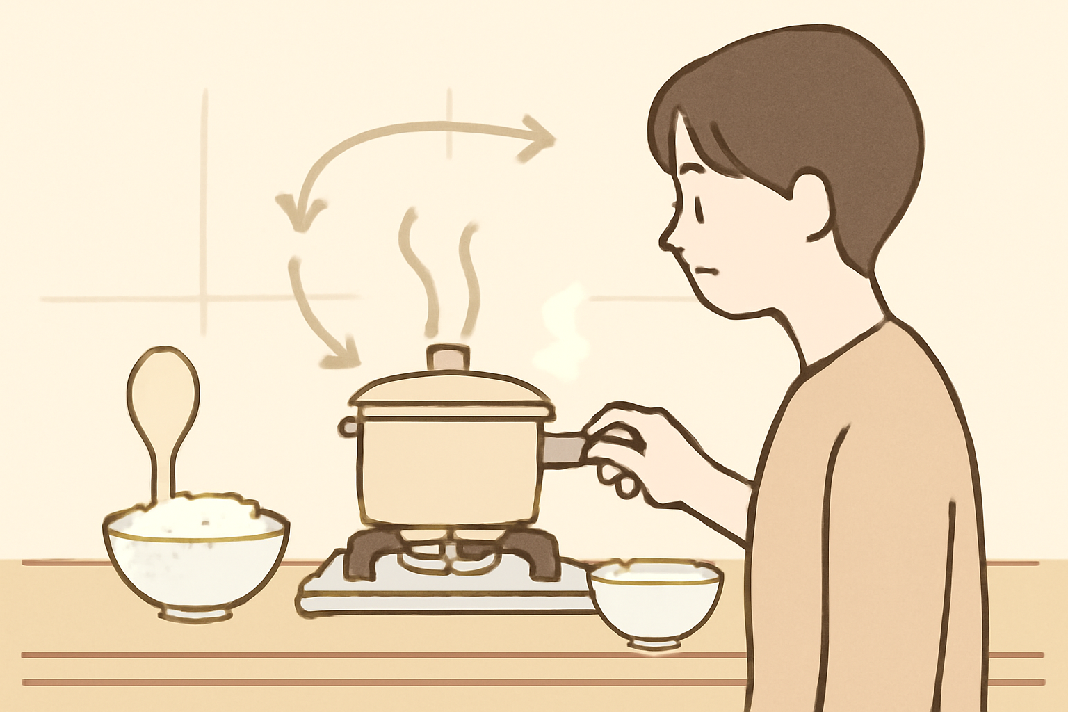 沸騰から弱火、蒸らしまでの加熱プロセスを示すイラスト