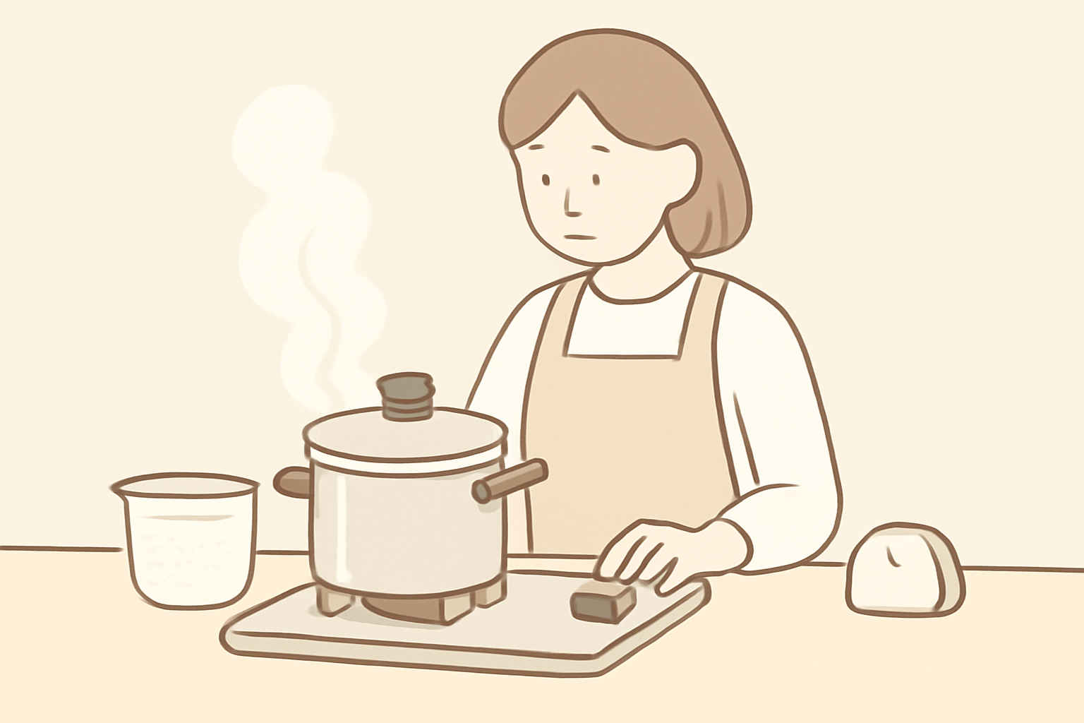 鍋・計量カップ・タイマーで手順と時間管理を示すイラスト