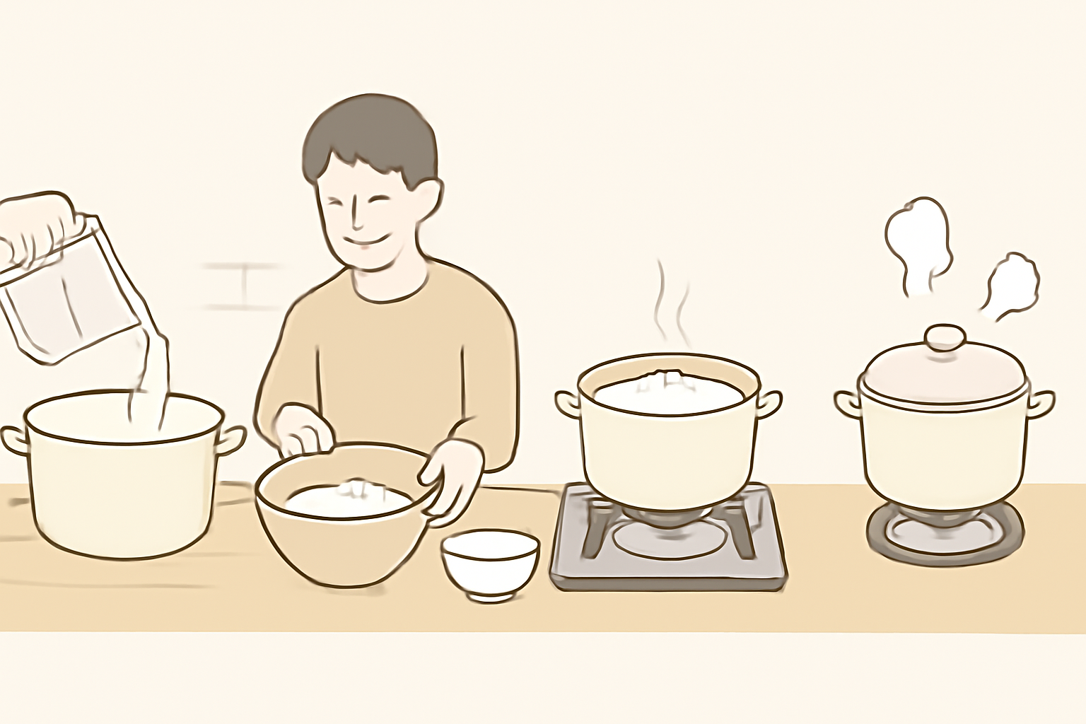 計量から蒸らしまで並んだ鍋炊きの工程アイコン