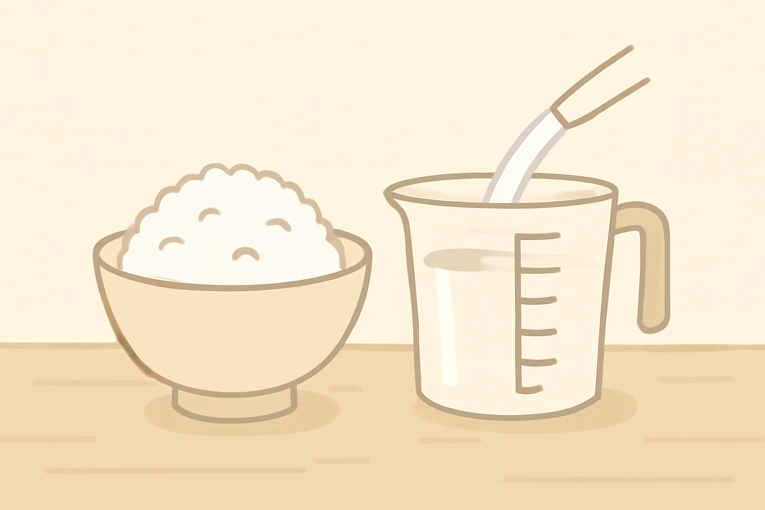 米2合と計量カップで水を測るイラスト