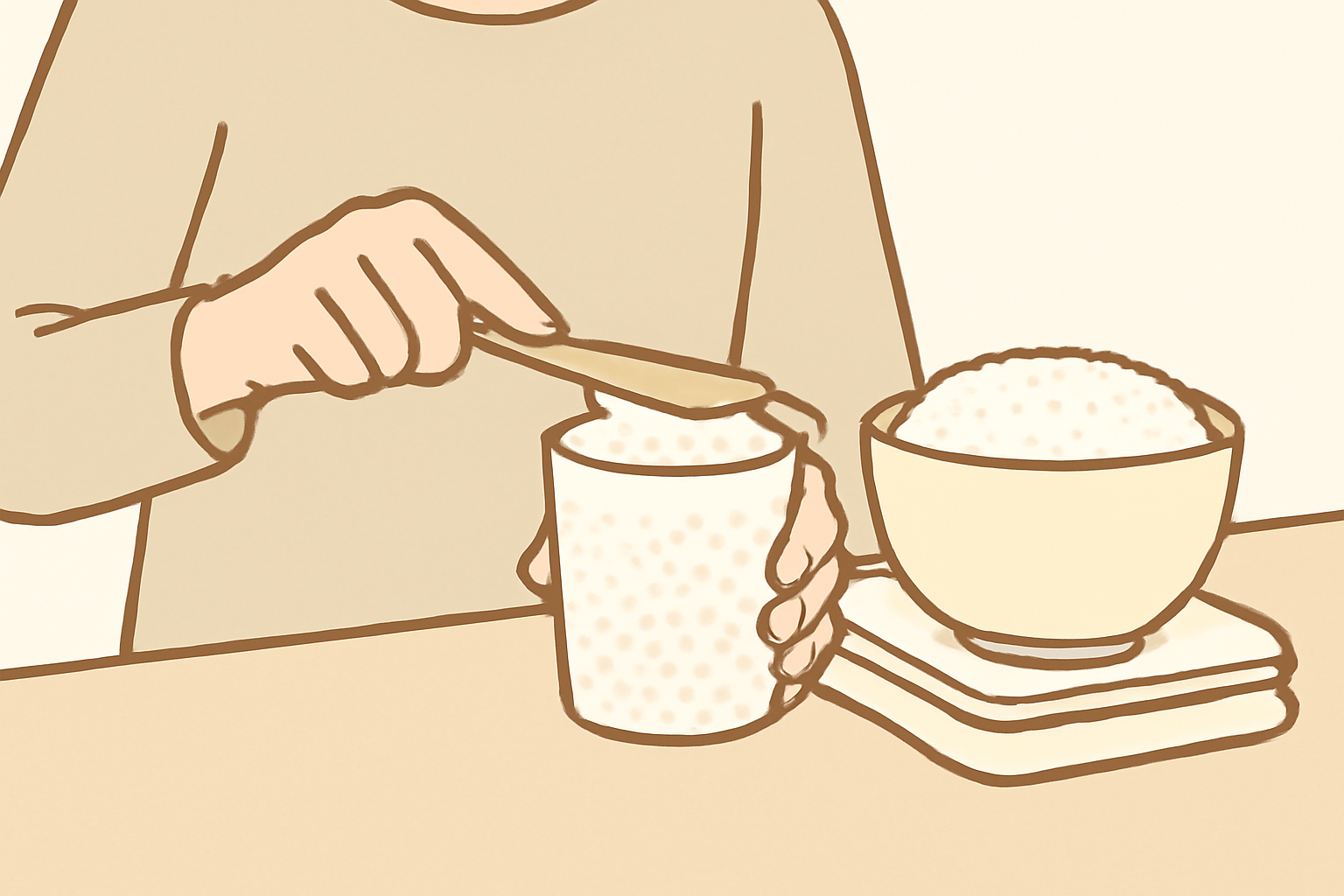 計量カップですりきりにした米とそばのキッチンスケール