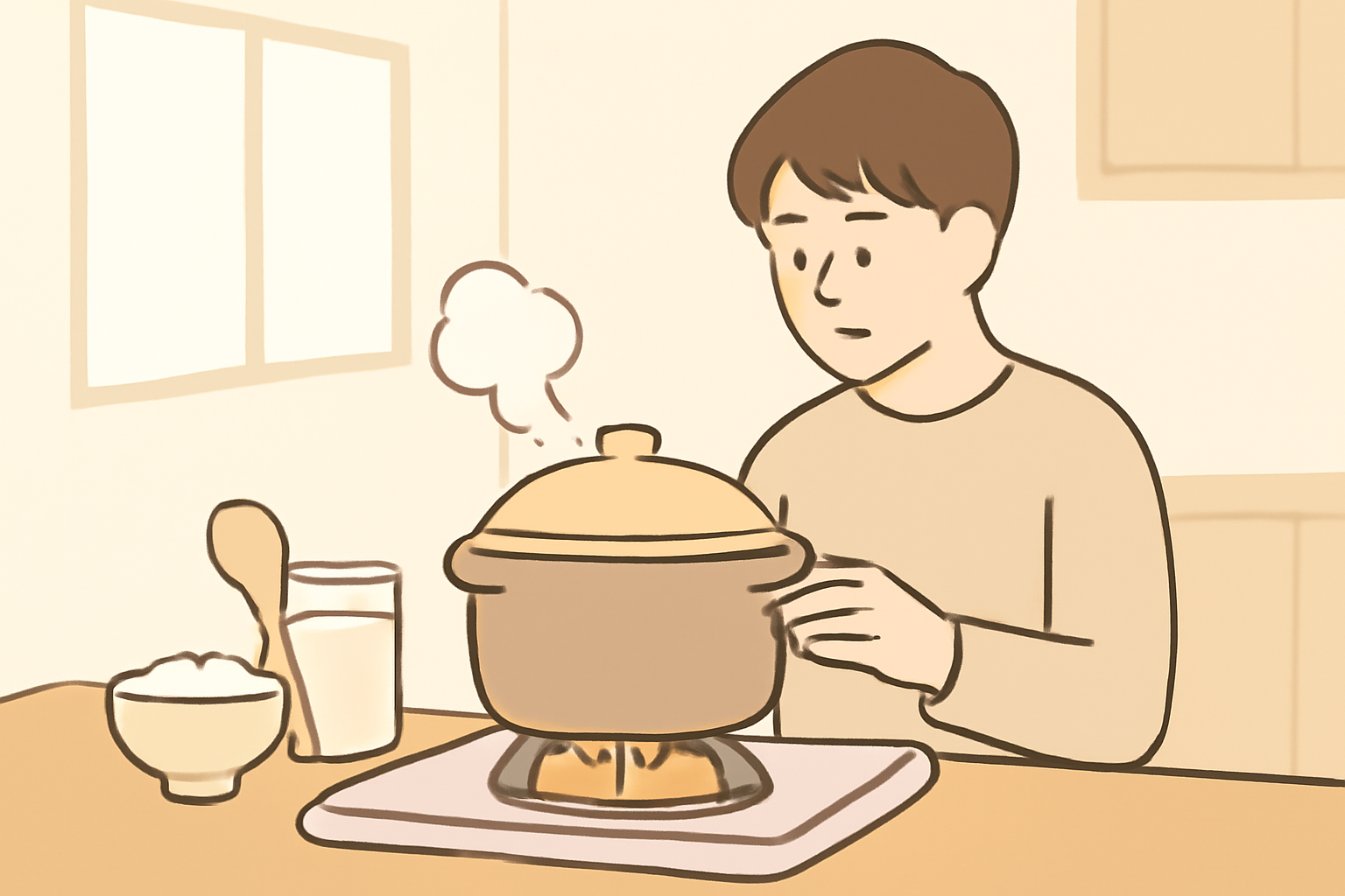 土鍋の隙間から立ち上る湯気と火のイラスト