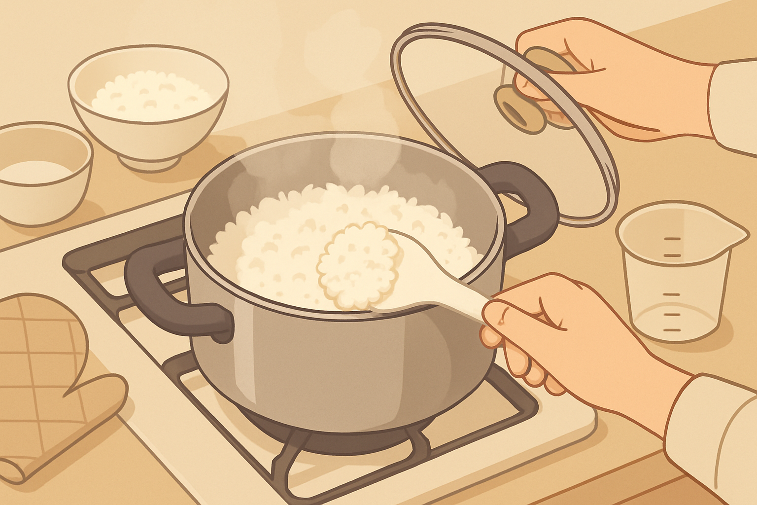 蒸らし後にしゃもじでご飯をほぐす様子。湯気と粒立ちが伝わるカット