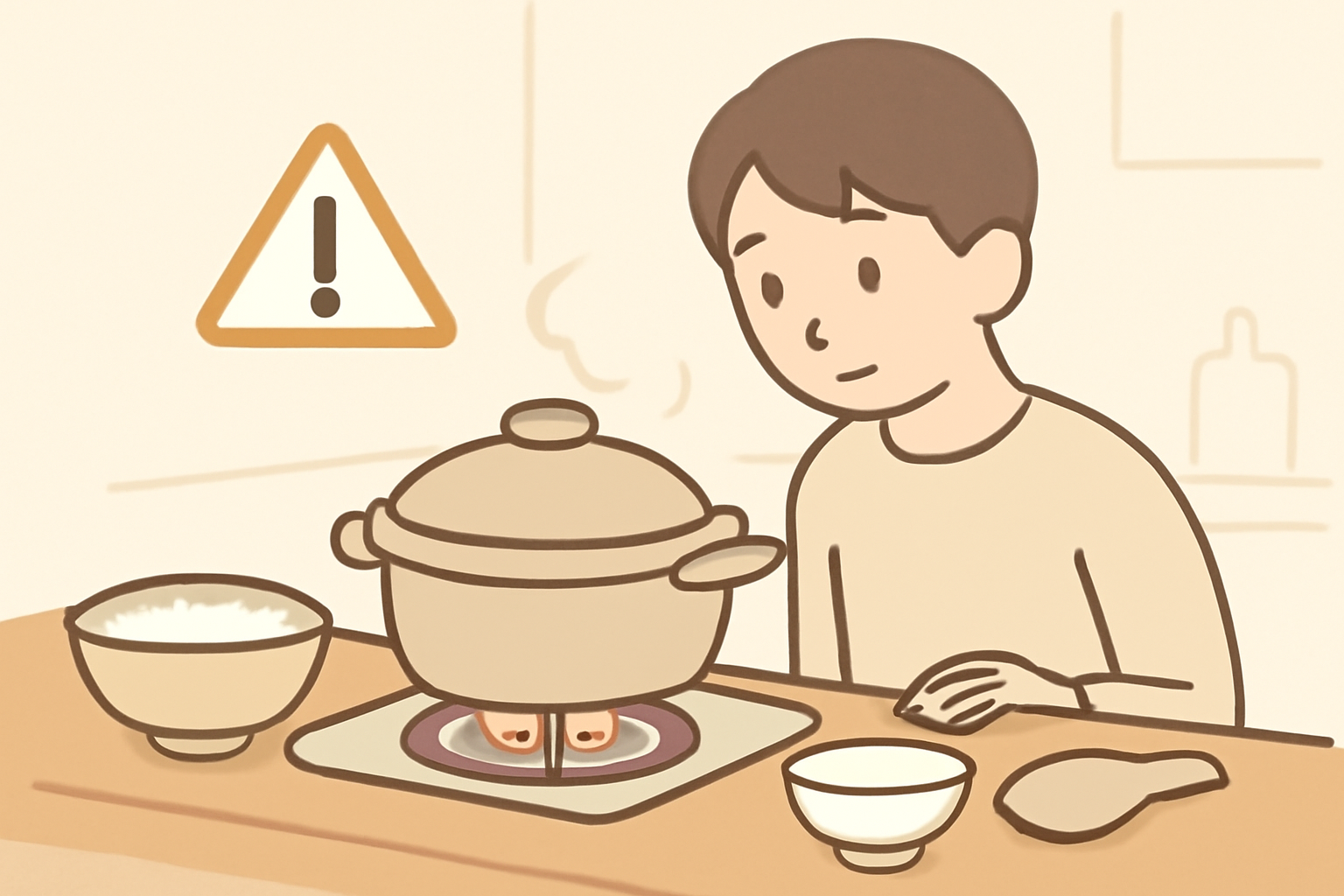 弱火で安定している土鍋と注意を促すアイコン風イラスト