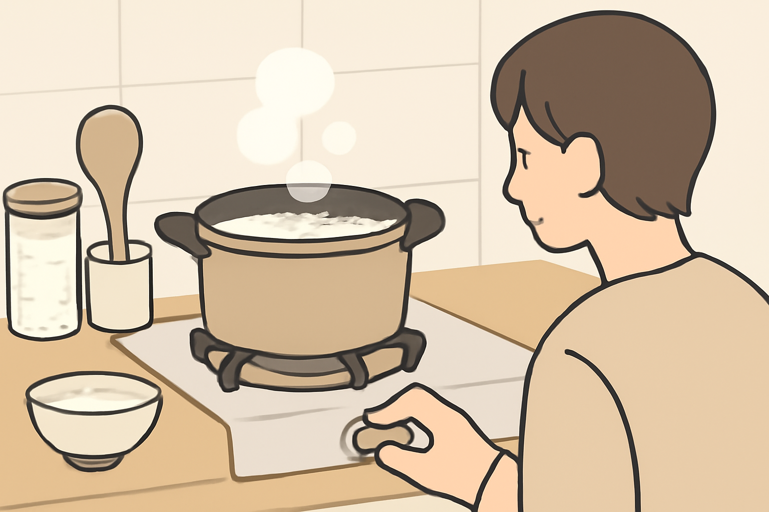 吹きこぼれを防ぐために火力を下げる様子のイラスト