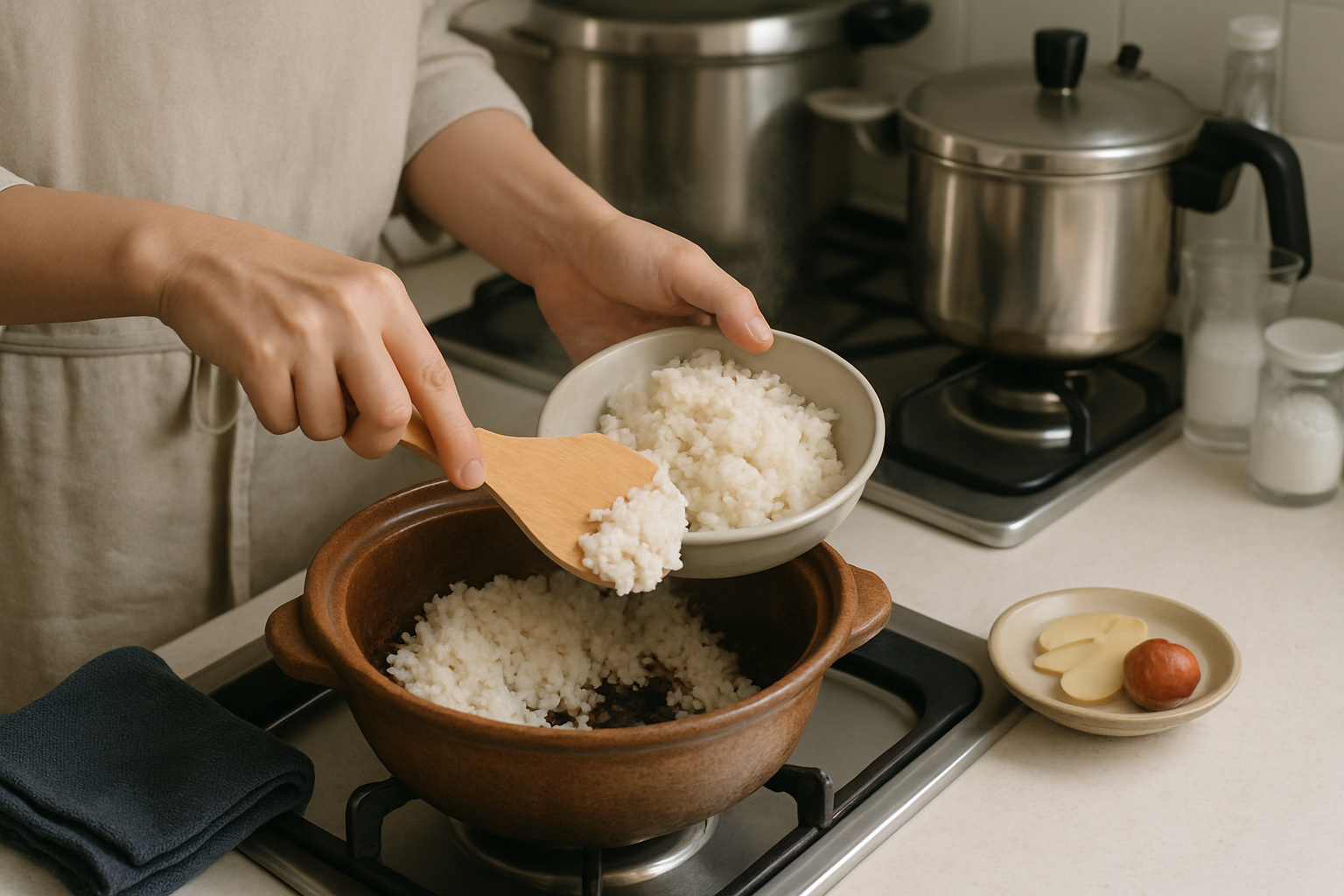 焦げた鍋から無事なご飯を救う手元と消臭の食材イメージ
