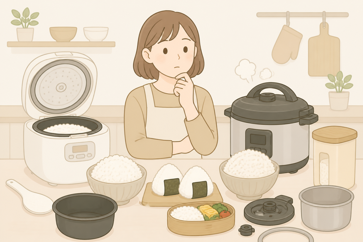 炊飯器と圧力鍋のご飯の食感を比べる図